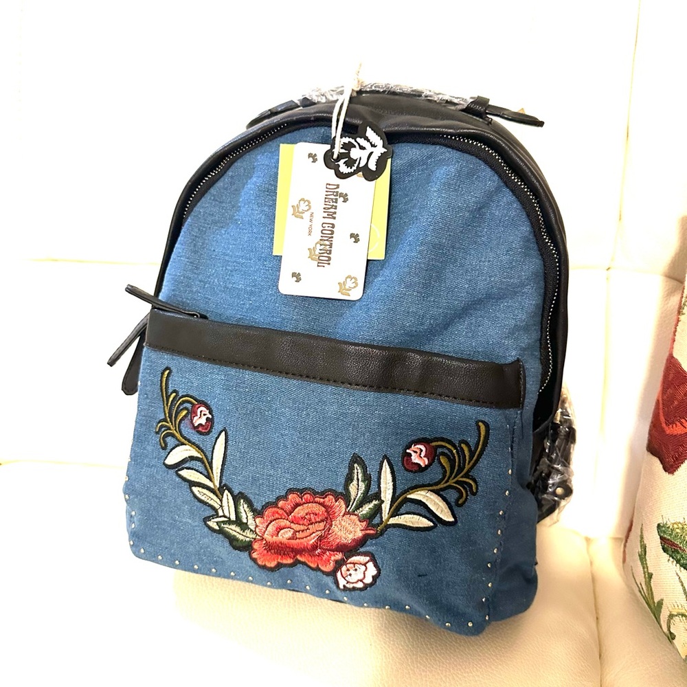 Embroidered Denim Blue and Embroidered Detail Backpack